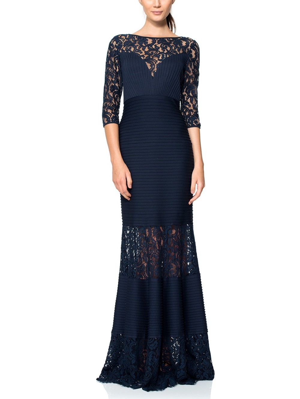 Tadashi Shoji Navy Pintuck Jersey Gown with Sweetheart Illusion Neckline
